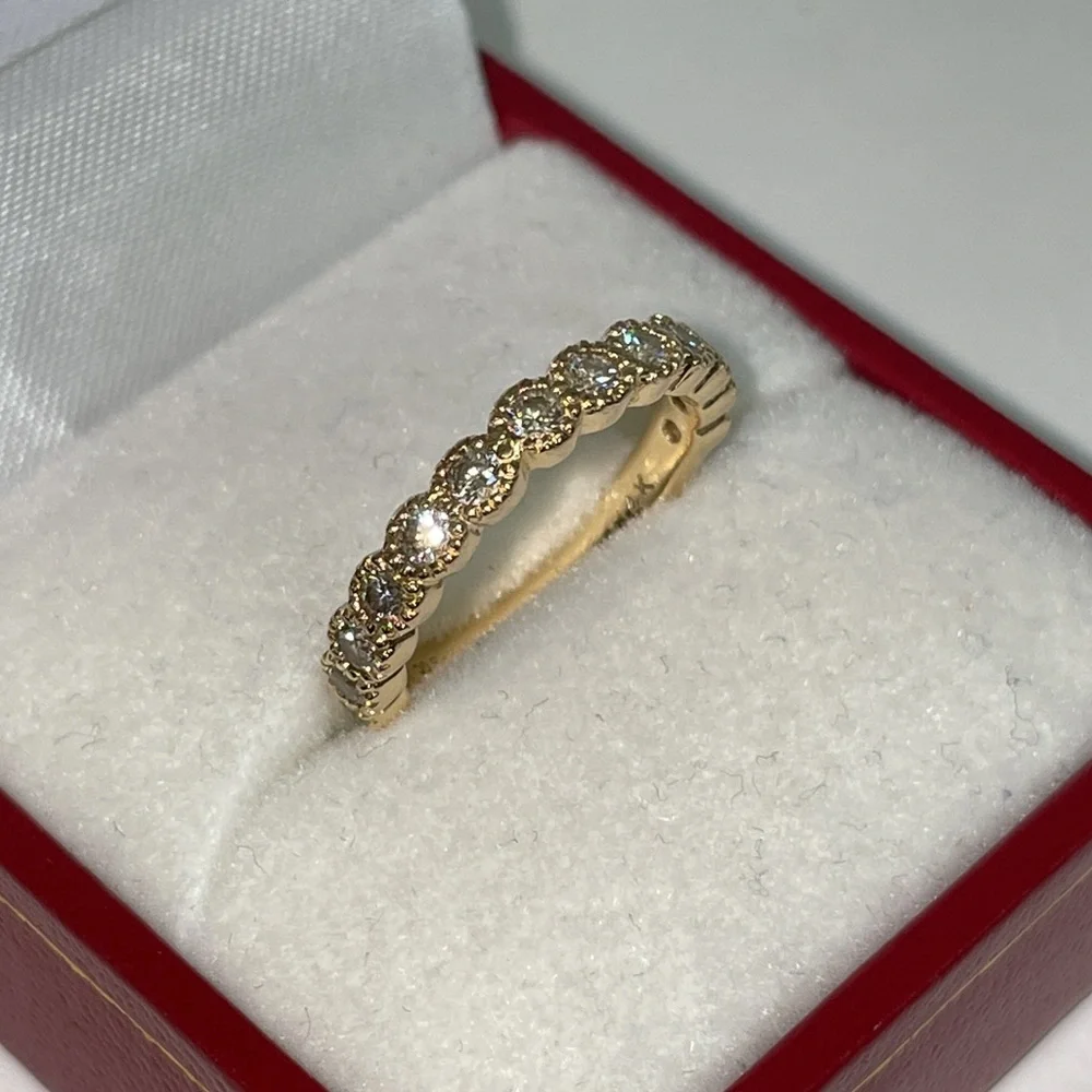 Solid Stamped 14K Yellow Gold Natural Diamond Semi Eternity Round Bead Band Ring